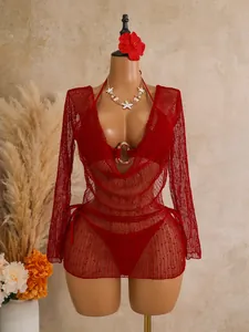 Red sequined mesh three-piece swimwear set with long sleeve cover-up on mannequin