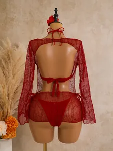 Detailed back view of red sequin mesh long-sleeve cover-up bikini three-piece swimsuit set.
