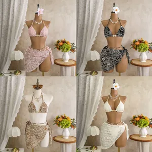 Detail view showing four colors of the sexy three-piece bikini set for island vacations