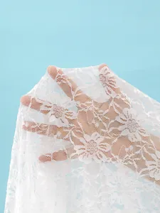 Close-up of intricate white floral lace mesh fabric showing transparency and texture