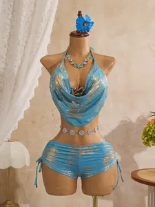 Elegantes sexy blau-goldenes Bikini-Set mit Wasserfallausschnitt für den Strandurlaub