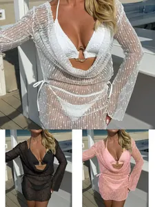 Women Sexy Cowl Neck Sequin Mesh Long Sleeve Cover-up With Bikini Top And Bottom Beach Vacation Swimwear