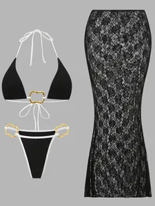 Elegant black lace mesh three-piece bikini set featuring golden heart-shaped buckles