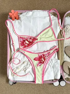 Damen Retro Blumenmuster Bikini Set Sexy Zweiteiler Badeanzug Mit Stickerei Rand Bademode Hot Girl Badeanzug Top Und Bottom