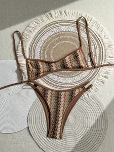 Conjunto de Bikini de Ganchillo Bohemio para Mujer Traje de Baño de Dos Piezas Vintage con Estampado de Zigzag Top And Bottom