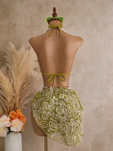Sexy olive green bikini three-piece set with floral lace cover-up skirt back view