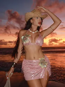 Sexy Shiny Metallic Halter Top And Bottom And Skirt Swimwear With Embroidered Floral Polyester Spandex Vacation Outfit