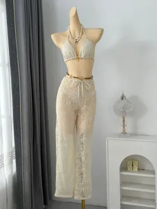 Elegant beige leaf pattern crochet three-piece bikini set with wide-leg trousers