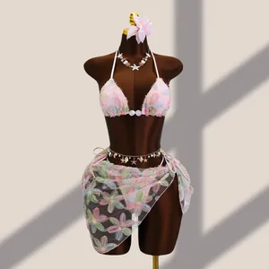 Détails de l'ensemble bikini 3 pièces avec broderie florale, sequins et paréo mesh