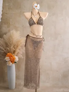Ensemble bikini 3 pièces marron à motif feuilles avec jupe longue assortie en maille