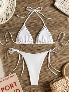 White triangle bikini set with silver metal rivet studs and side tie details