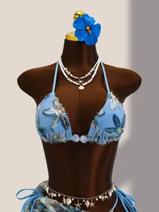 Ensemble bikini 3 pièces bleu clair brodé de fleurs avec paillettes et jupe mesh