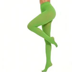 Vibrant lime green opaque 100D velvet footed tights showing slimming elastic fit.