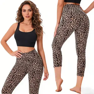 Stylish leopard print cropped yoga leggings with high waist slim fit sports pants for women