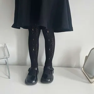 Black hollow bow pattern mesh tights for girls, elegant lolita style kids daily pantyhose.