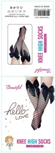 Black fishnet knee-high socks for girls featuring a large decorative satin bow detail.