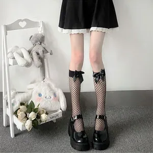 Women Plus Size Bowknot Over The Knee Fishnet Stockings Lolita JK Style Sexy Lace Mid-Calf Socks Mesh Hosiery