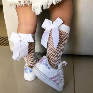 Girls Bow Knee High Fishnet Socks Hollow Out Princess Style Nylon Breathable Mesh Socks For Party Wedding Kids Fashion Leg Warmers