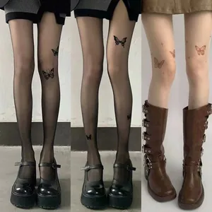 Stylish sheer butterfly tattoo print stockings available in black and white styles