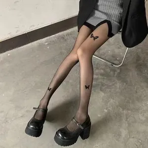 Elegant sheer black pantyhose featuring unique butterfly tattoo print design for women