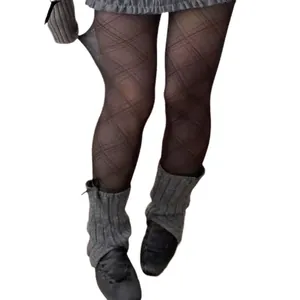 Elegant black diamond pattern pantyhose with JK style, ideal for spring and autumn outfits.