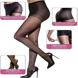 Detail of black sheer pantyhose showing tummy control and high elasticity features