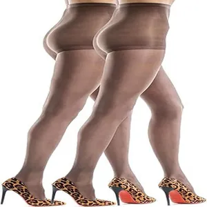 Close-up detail of sheer coffee brown pantyhose styled with leopard print high heels