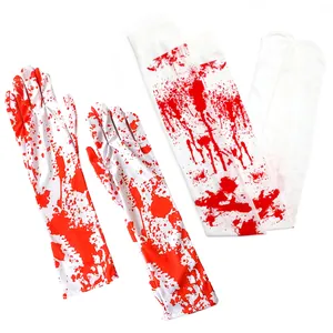 Detailed view of Halloween horror party accessories featuring blood splatter gloves and socks