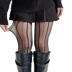 Collants noirs transparents avec rayures verticales et motifs ajourés style vintage