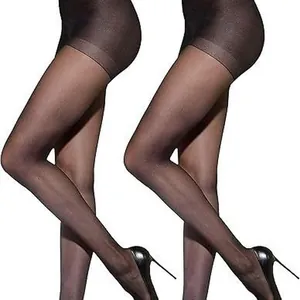 Two pairs of legs wearing sheer black pantyhose with high heels on a white background