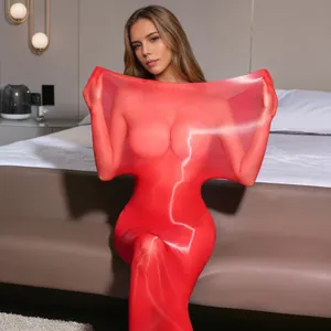 Ultra-shiny 912-needle seamless red body stocking featuring high stretch material