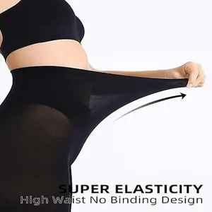 Close-up of black high-waisted tights showing super elasticity and no-binding design