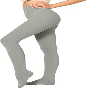 Side view detail of gray velvet 80D thermal tights with high waist body shaping effect