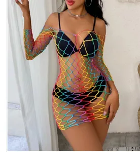Vibrant rainbow fishnet bodysuit with long sleeves for a sexy beach vacation style