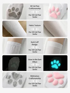 Close-up detail comparison of 3D cat paw silicone pad socks showing luminous glow effect