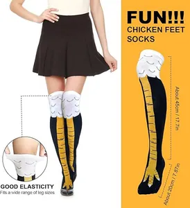 Detail view of funny chicken feet over-the-knee socks with dimensions and elasticity demo