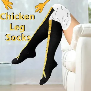 Creative chicken leg print socks shown being worn for funny Halloween costume look