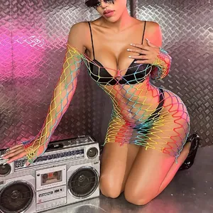 Sexy rainbow gradient mesh fishnet bodysuit lingerie for women resort beach style