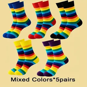 Assorted set of five pairs of vibrant rainbow striped cotton crew socks for daily wear