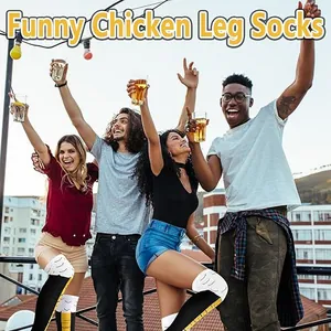 People wearing funny chicken leg socks celebrating at an outdoor party.