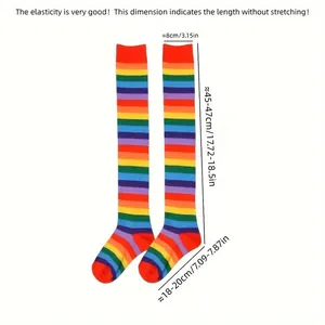 Dimensions detail of rainbow striped cotton over-the-knee socks showing length and width