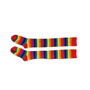 Vibrant rainbow striped knee-high socks perfect for cosplay or dopamine fashion style.