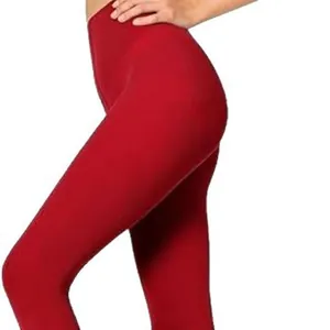 High waist red 80D velvet leggings showing slimming fit and elastic texture on model
