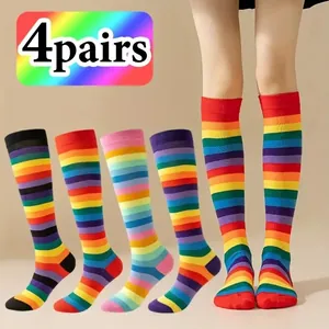 Set of 4 pairs rainbow striped knee-high socks for cosplay and daily wear