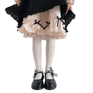 Elegant white floral jacquard mesh tights for girls featuring delicate heart patterns