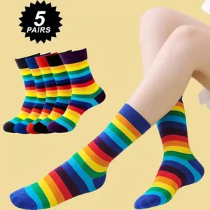 5 pairs of vibrant rainbow striped cotton crew socks for women dance and daily wear
