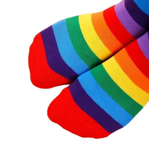 Detailed macro shot of vibrant rainbow striped knit texture on cotton over-the-knee socks.
