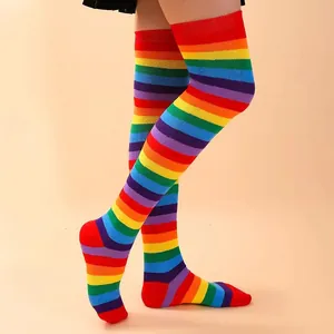 Vibrant rainbow striped over-the-knee cotton socks perfect for Halloween costumes