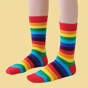 Vibrant multi-color rainbow striped cotton crew socks for women and men, cosplay style