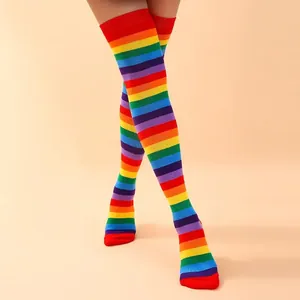 Vibrant rainbow striped thigh-high cotton socks for women, over-the-knee dance hosiery